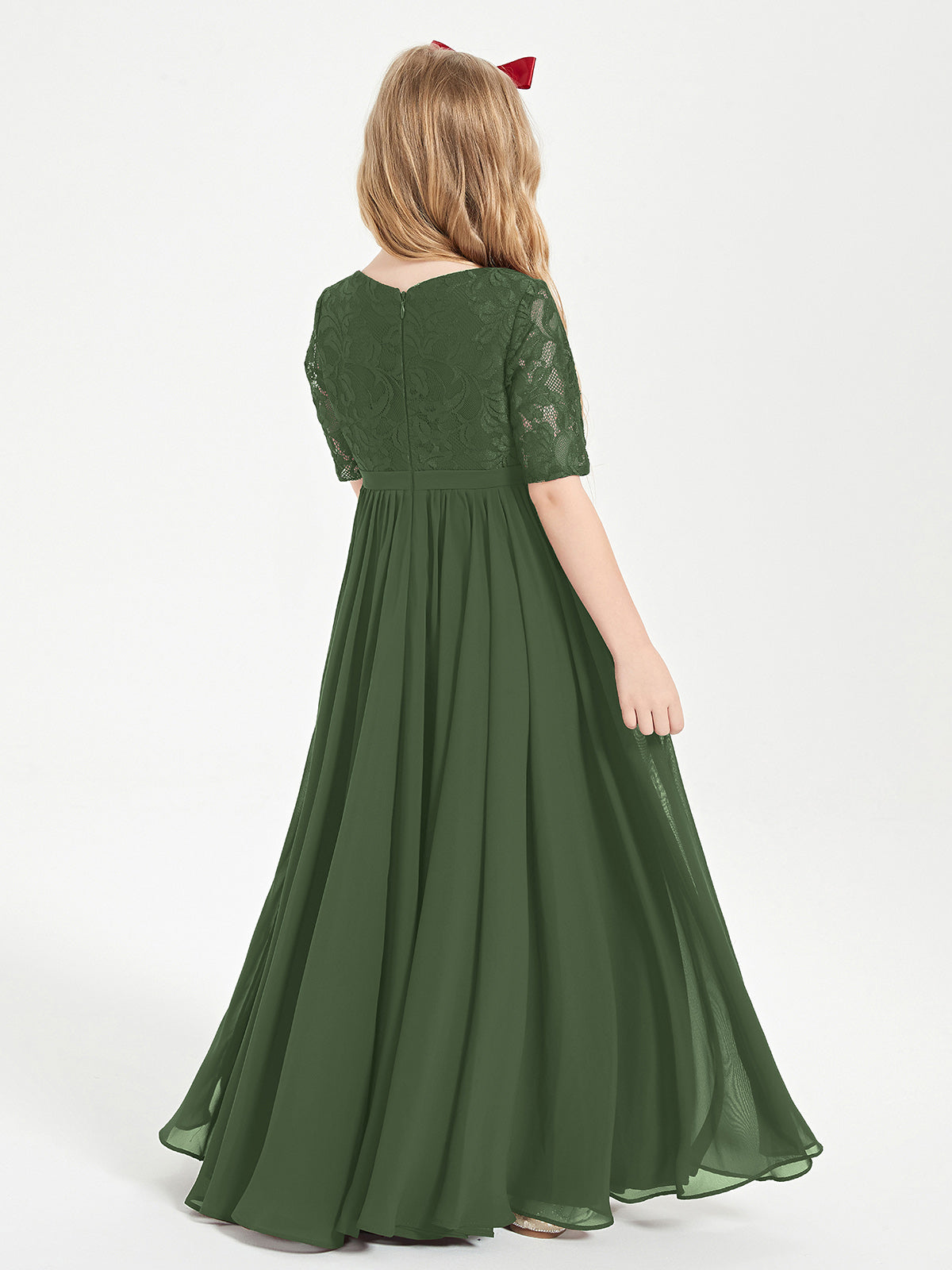 Lace Top Half Sleeved Junior Bridesmaids Dresses Olive Green